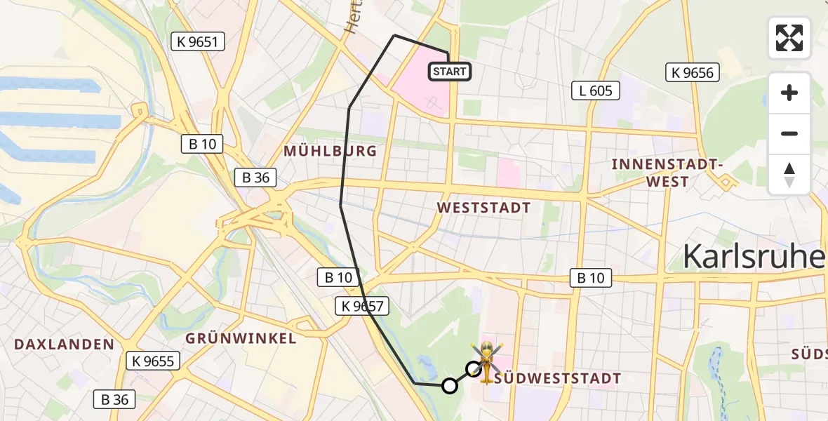 Flugroute Ambulanzhubschrauber Karlsruhe - Sankt Vincentius Hospital, 18 Oktober 2026, 09:41
