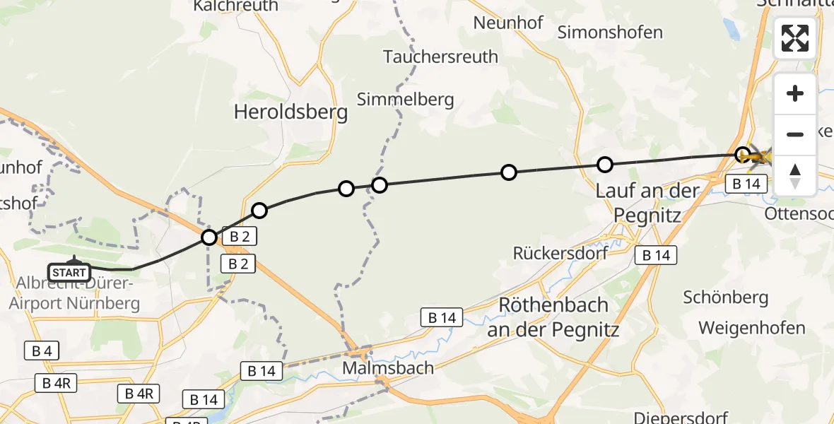 Flugroute Ambulanzhubschrauber Flughafen Nuremberg - Neunkirchen a.Sand, 18 Oktober 2026, 09:42