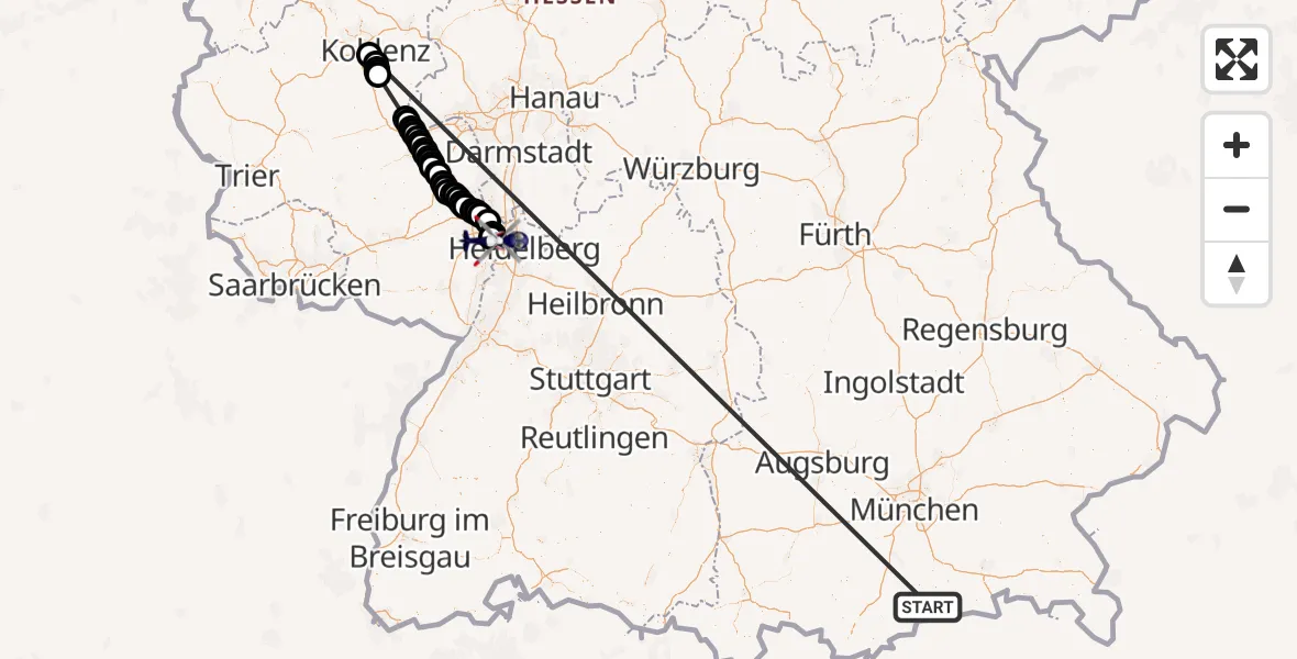 Flugroute Polizeihubschrauber Kreuth - Ludwigshafen am Rhein, 18 Oktober 2026, 09:53