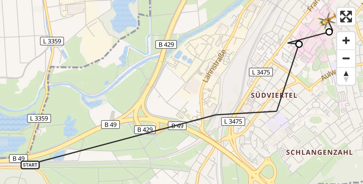 Flugroute Ambulanzhubschrauber Gießen - Gießen University Hospital, 18 Oktober 2026, 10:05