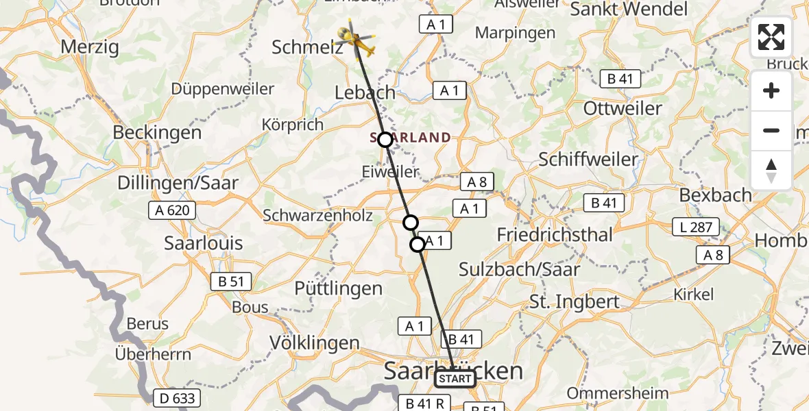 Flugroute Rettungshubschrauber Saarbrücken - Lebach, 18 Oktober 2026, 10:06