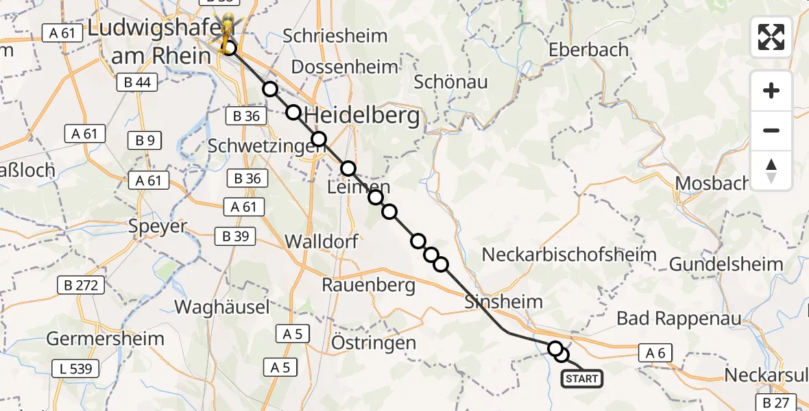 Flugroute Rettungshubschrauber Kirchardt - Mannheim-City Flughafen, 18 Oktober 2026, 10:11