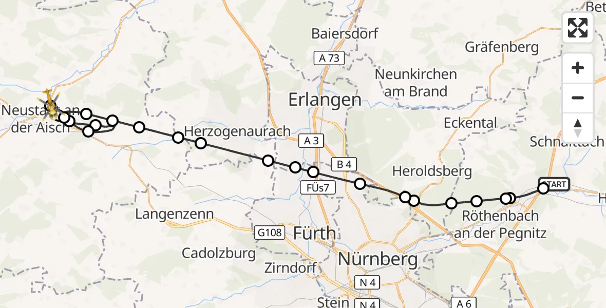 Flugroute Ambulanzhubschrauber Neunkirchen a.Sand - Diespeck, 18 Oktober 2026, 10:26