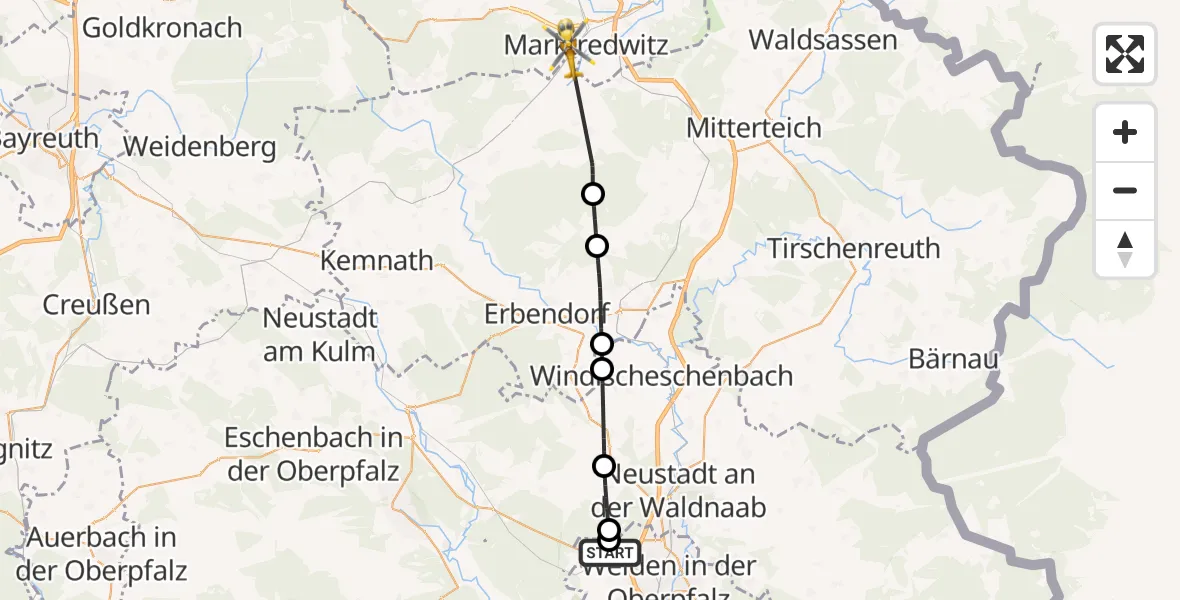 Flugroute Ambulanzhubschrauber Weiden i.d.OPf. - Marktredwitz, 18 Oktober 2026, 10:28