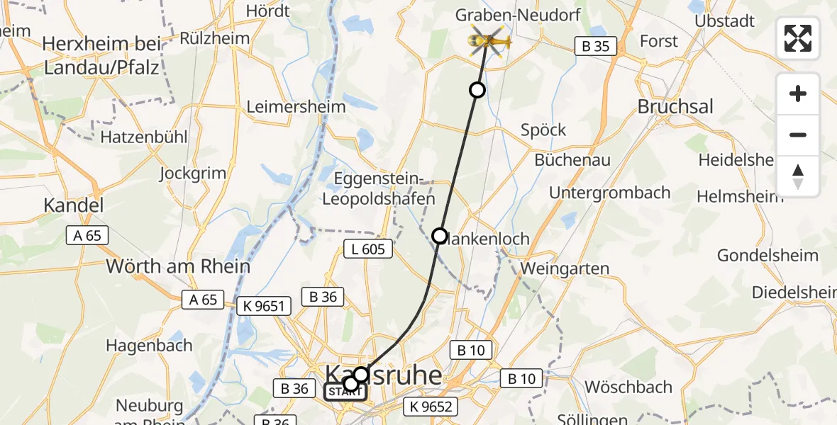 Flugroute Ambulanzhubschrauber Sankt Vincentius Hospital - Graben-Neudorf, 18 Oktober 2026, 10:37