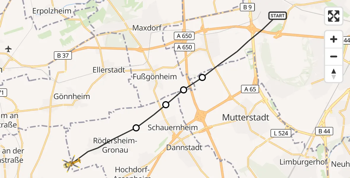 Flugroute Rettungshubschrauber Ludwigshafen am Rhein - Rödersheim-Gronau, 18 Oktober 2026, 10:40