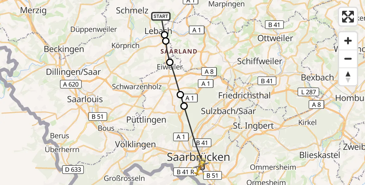 Flugroute Rettungshubschrauber Lebach - Saarbrücken, 18 Oktober 2026, 10:42