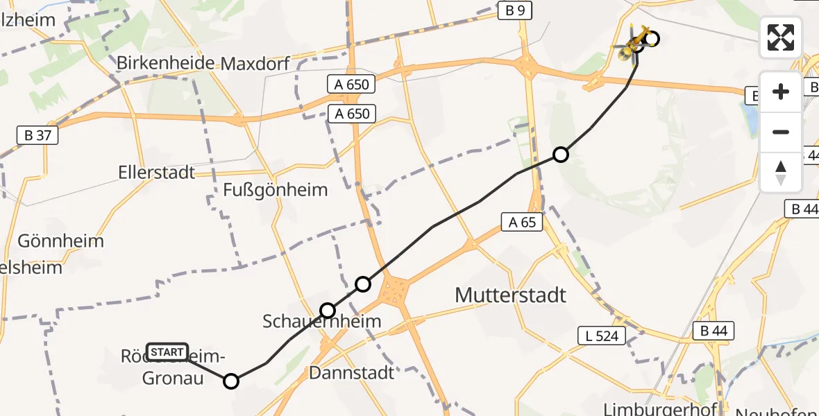 Flugroute Rettungshubschrauber Rödersheim-Gronau - Ludwigshafen Accident Hospital, 18 Oktober 2026, 11:16