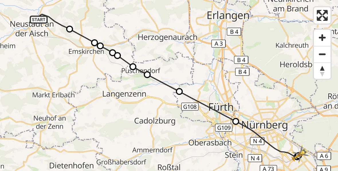 Flugroute Ambulanzhubschrauber Diespeck - Nürnberg South Hospital, 18 Oktober 2026, 11:17