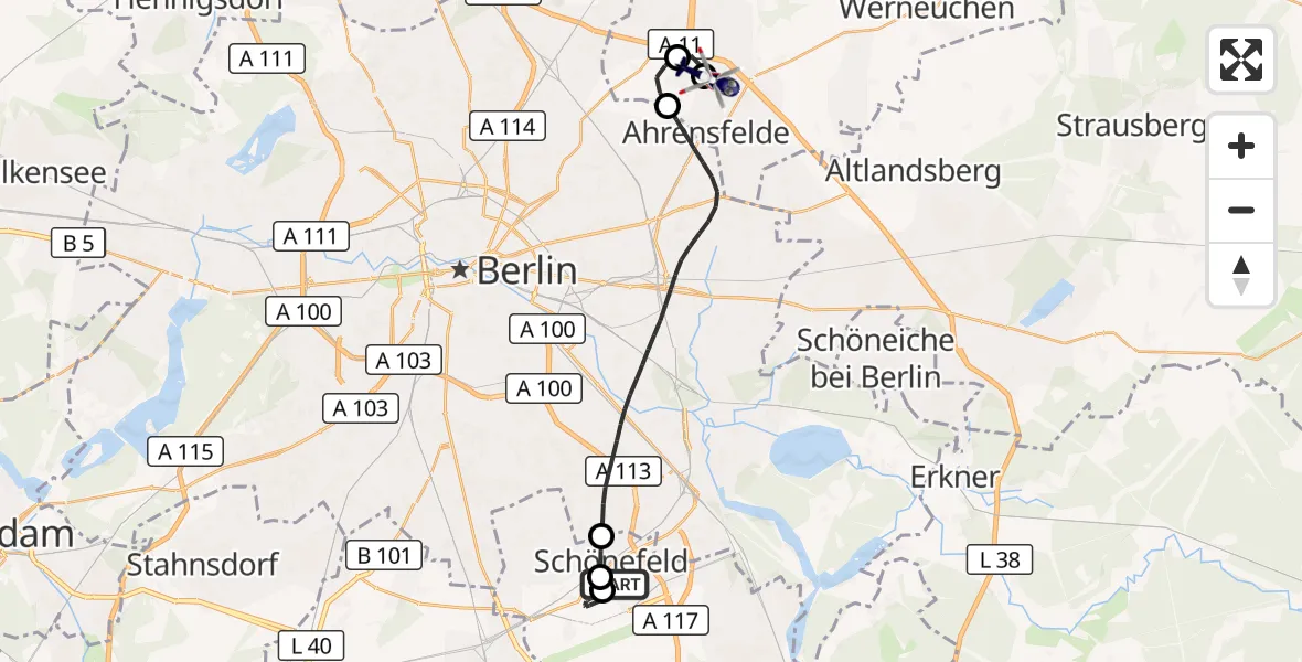 Flugroute Polizeihubschrauber Schönefeld - Ahrensfelde Hubschrauberlandeplatz, 18 Oktober 2026, 11:19