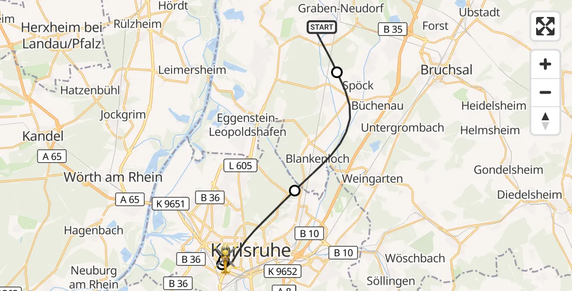 Flugroute Ambulanzhubschrauber Graben-Neudorf - Sankt Vincentius Hospital, 18 Oktober 2026, 11:21