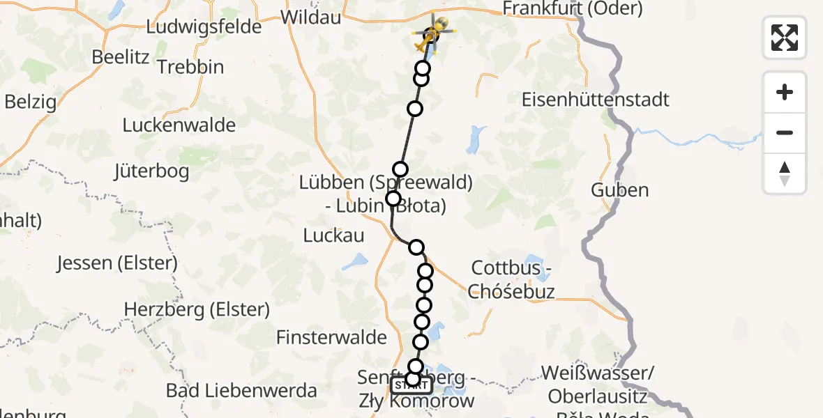Flugroute Ambulanzhubschrauber ADAC Luftrettungsstation Senftenberg Hubschrauberlandeplatz - Bad Saarow Hospital Hubschrauberlandeplatz, 18 Oktober 2026, 11:38