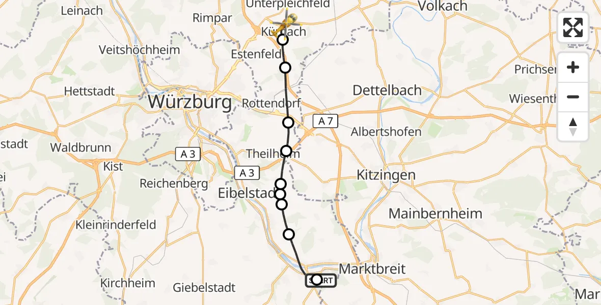 Flugroute Rettungshubschrauber Ochsenfurt Hospital - Kürnach, 18 Oktober 2026, 11:39