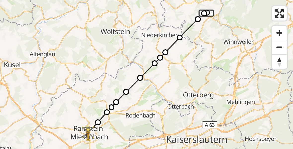Flugroute Rettungshubschrauber Rockenhausen - Ramstein-Miesenbach, 18 Oktober 2026, 12:01