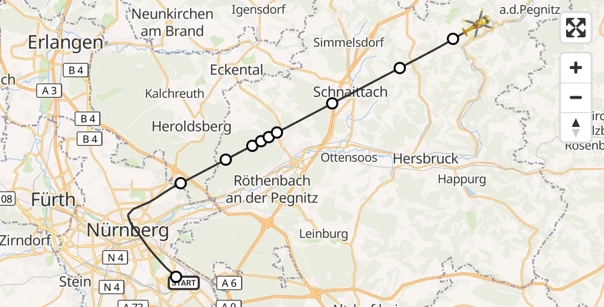 Flugroute Ambulanzhubschrauber Nürnberg South Hospital - Velden, 18 Oktober 2026, 12:07