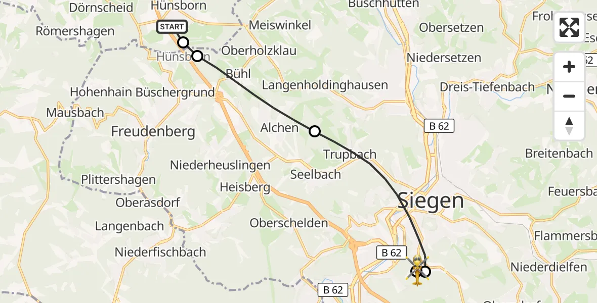 Flugroute Rettungshubschrauber Wenden - Evangelisches Jung-Stilling Hospital, 18 Oktober 2026, 12:09