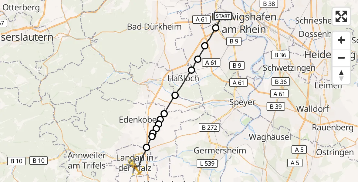 Flugroute Rettungshubschrauber Ludwigshafen am Rhein - Landau in der Pfalz, 18 Oktober 2026, 12:10