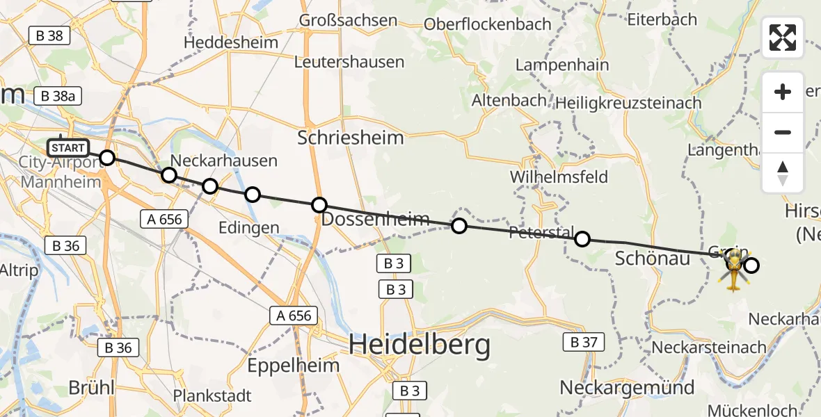 Flugroute Rettungshubschrauber Mannheim-City Flughafen - Neckarsteinach, 18 Oktober 2026, 12:12