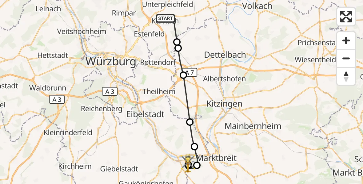 Flugroute Rettungshubschrauber Kürnach - Ochsenfurt Hospital, 18 Oktober 2026, 12:20