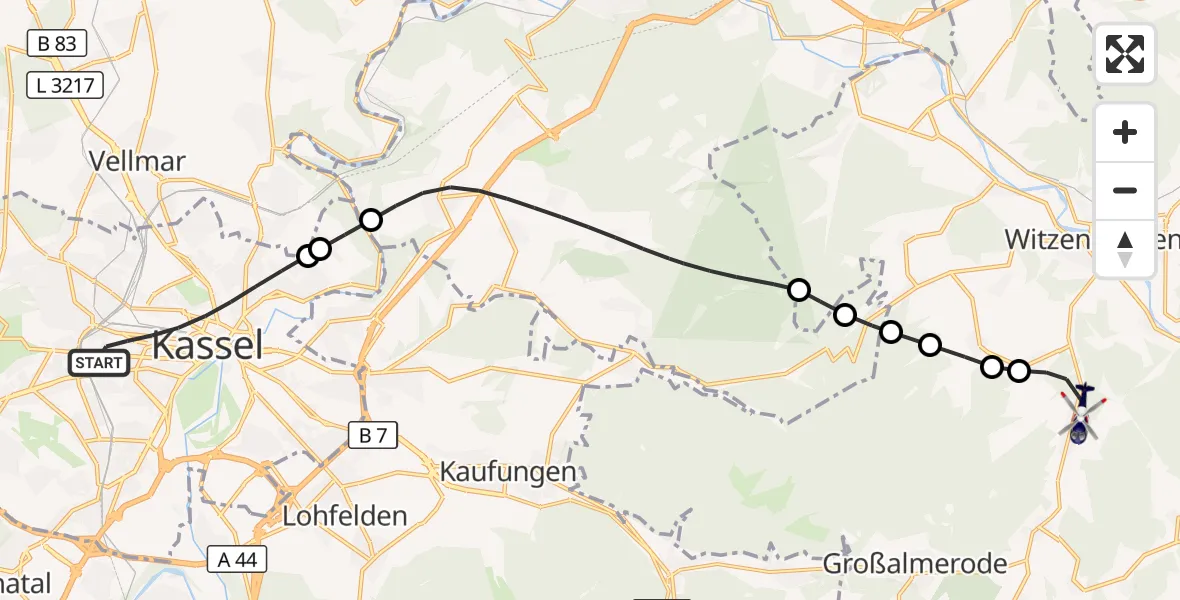 Flugroute Polizeihubschrauber Kassel - Witzenhausen, 18 Oktober 2026, 12:25