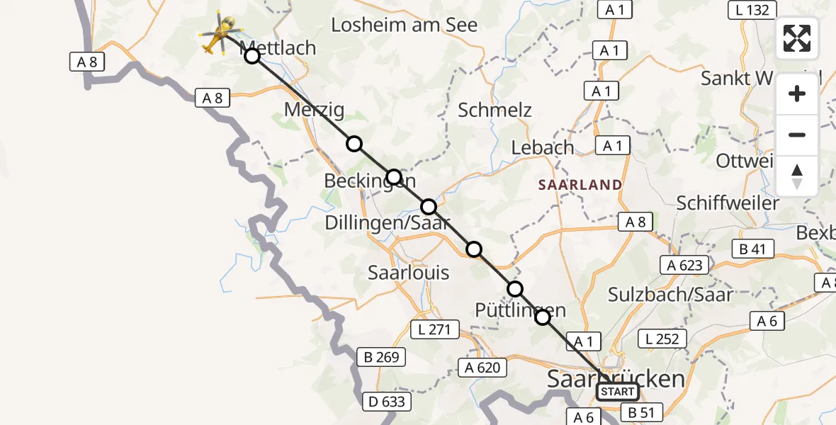 Flugroute Rettungshubschrauber Saarbrücken - Mettlach, 18 Oktober 2026, 12:26
