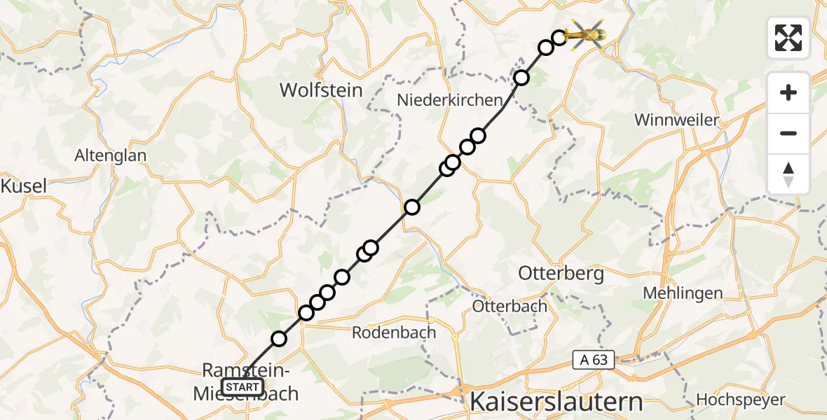Flugroute Rettungshubschrauber Ramstein-Miesenbach - Rockenhausen, 18 Oktober 2026, 12:32