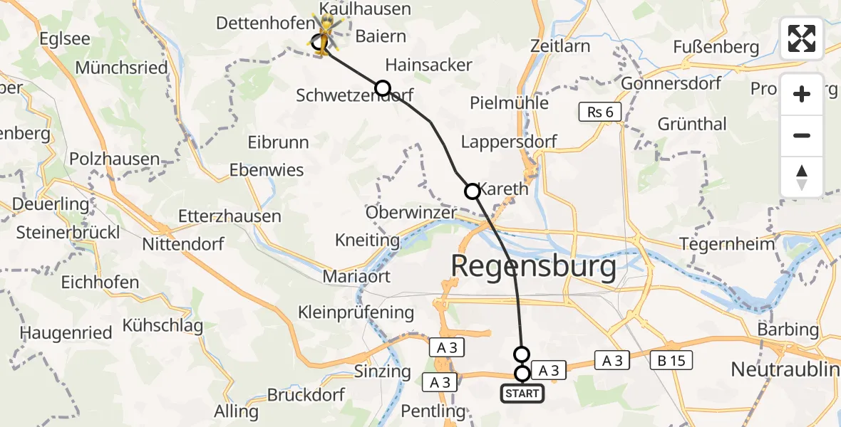 Flugroute Rettungshubschrauber DRF Air Rescue Station Regensburg / Regensburg University Hospital - Pielenhofen, 18 Oktober 2026, 12:56
