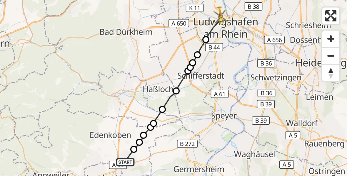 Flugroute Rettungshubschrauber Essingen - Ludwigshafen am Rhein, 18 Oktober 2026, 13:03