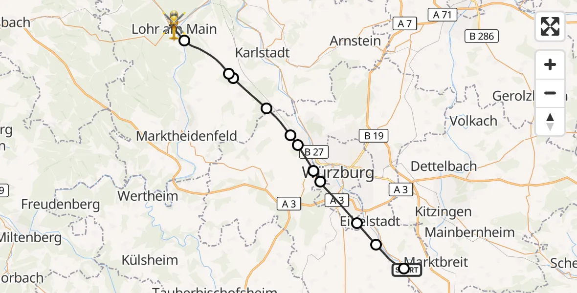 Flugroute Rettungshubschrauber Ochsenfurt Hospital - Lohr a.Main, 18 Oktober 2026, 13:07