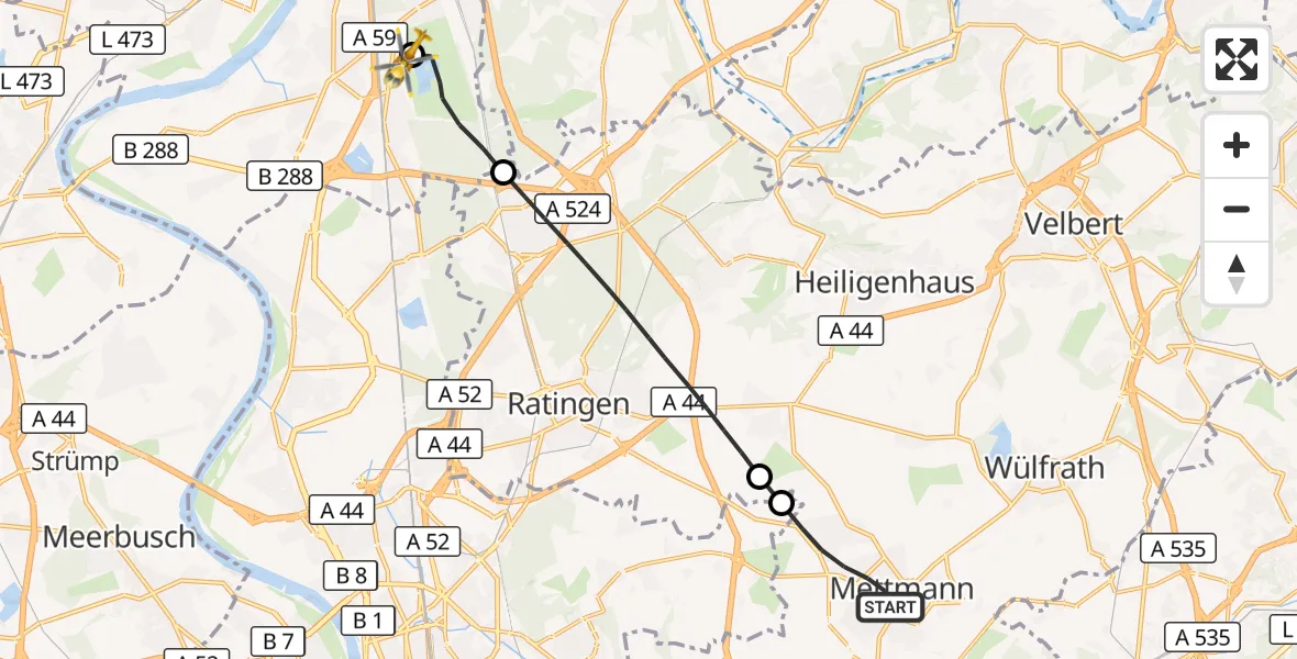 Flugroute Rettungshubschrauber Mettmann - Duisburg Air Rescue Hubschrauberlandeplatz (Christoph 9), 18 Oktober 2026, 13:24