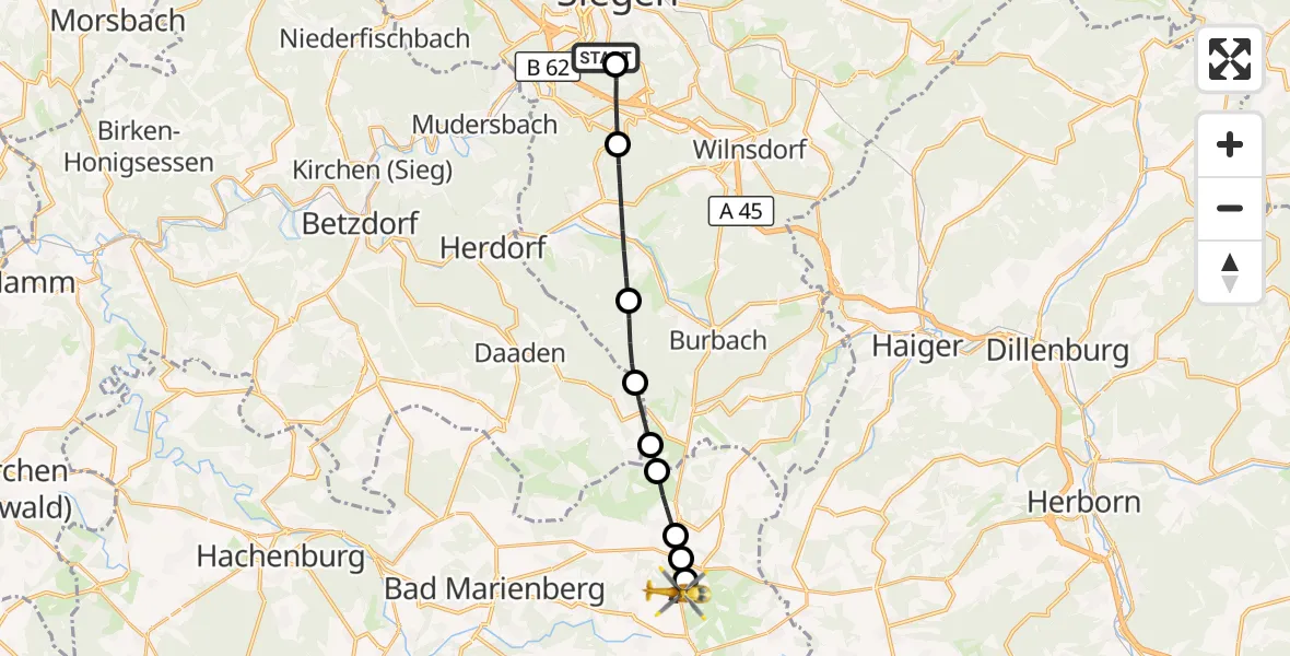 Flugroute Rettungshubschrauber Evangelisches Jung-Stilling Hospital - Zehnhausen bei Rennerod, 18 Oktober 2026, 13:26