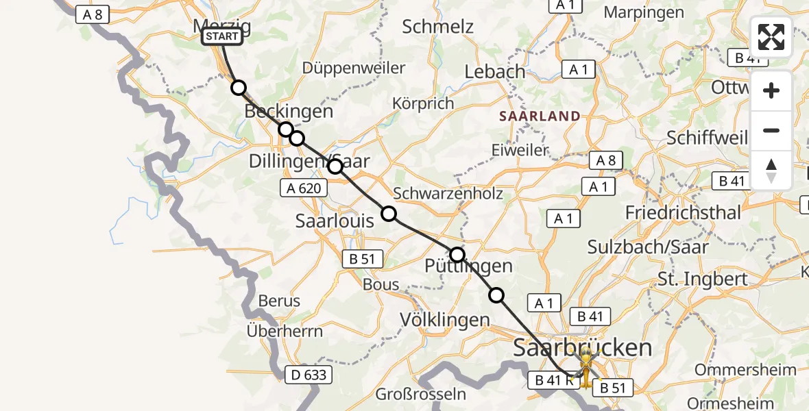Flugroute Rettungshubschrauber Merzig - Saarbrücken, 18 Oktober 2026, 13:29