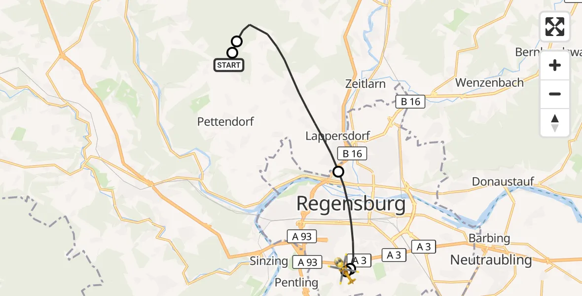 Flugroute Rettungshubschrauber Pielenhofen - DRF Air Rescue Station Regensburg / Regensburg University Hospital, 18 Oktober 2026, 13:29