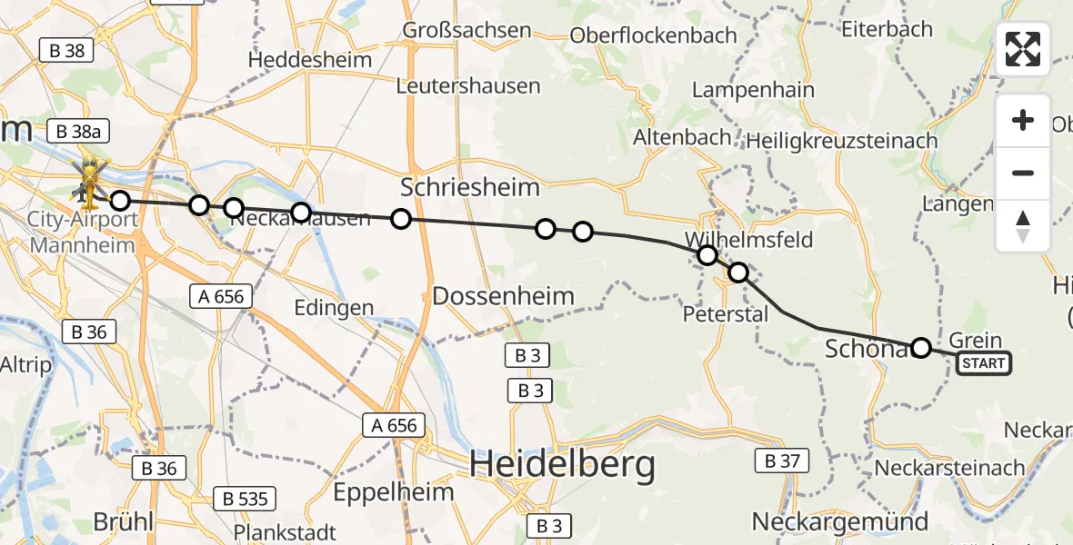 Flugroute Rettungshubschrauber Neckarsteinach - Mannheim-City Flughafen, 18 Oktober 2026, 13:32