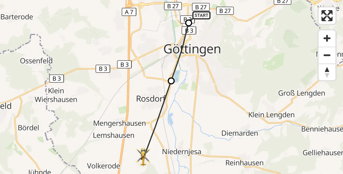 Flugroute Rettungshubschrauber Göttingen University Clinic Hubschrauberlandeplatz - Rosdorf, 18 Oktober 2026, 14:17