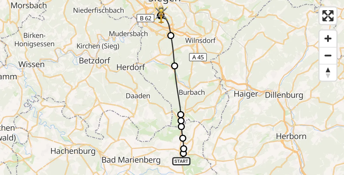 Flugroute Rettungshubschrauber Zehnhausen bei Rennerod - Evangelisches Jung-Stilling Hospital, 18 Oktober 2026, 14:20
