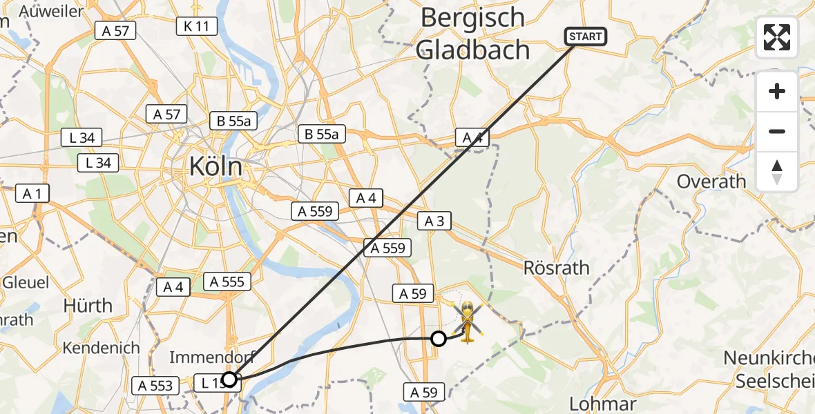 Flugroute Ambulanzhubschrauber Bergisch Gladbach - Köln Bonn Flughafen, 18 Oktober 2026, 14:23