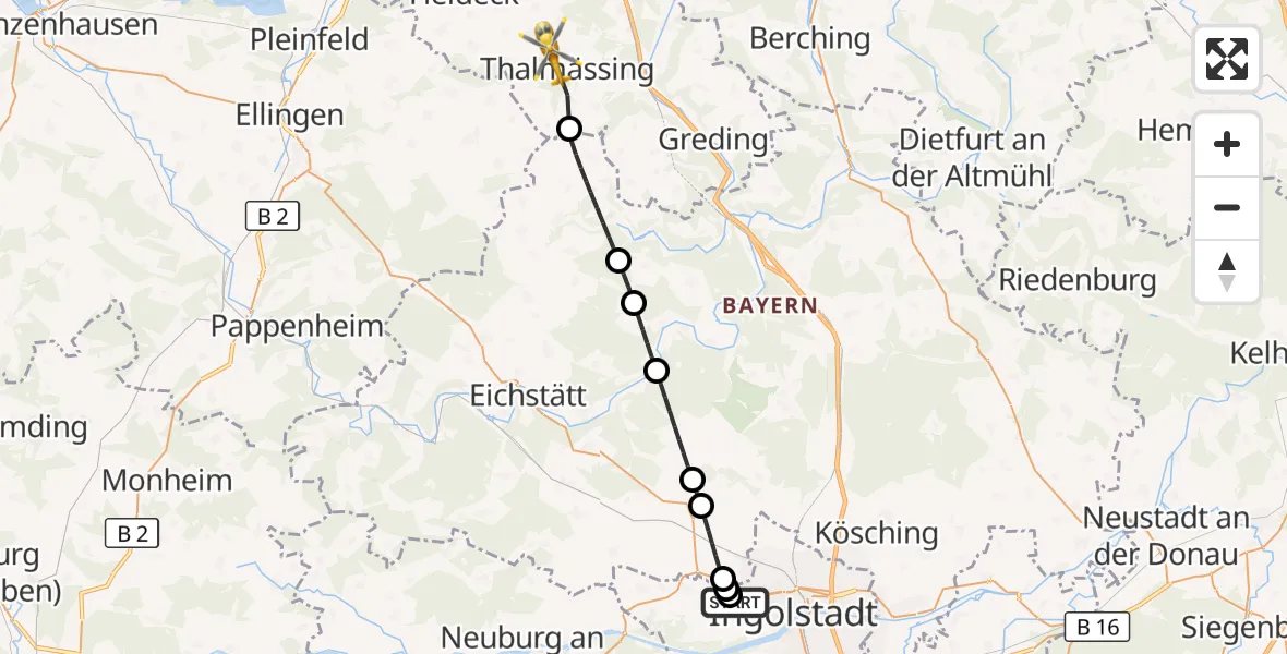 Flugroute Rettungshubschrauber Ingolstadt Hospital - Thalmässing, 18 Oktober 2026, 14:32