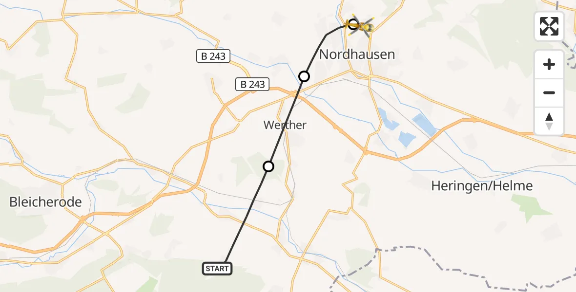 Flugroute Rettungshubschrauber Bleicherode - Südharz Hospital Nordhausen, 18 Oktober 2026, 14:34