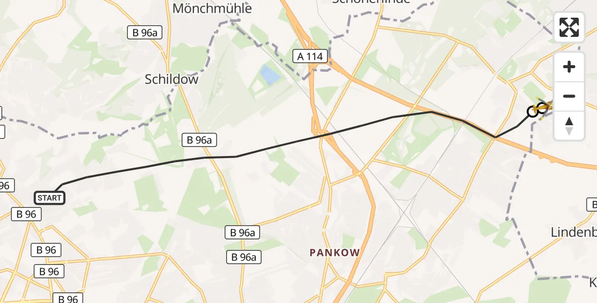 Flugroute Rettungshubschrauber Berlin - Helios Clinic Berlin-Buch, 18 Oktober 2026, 14:35
