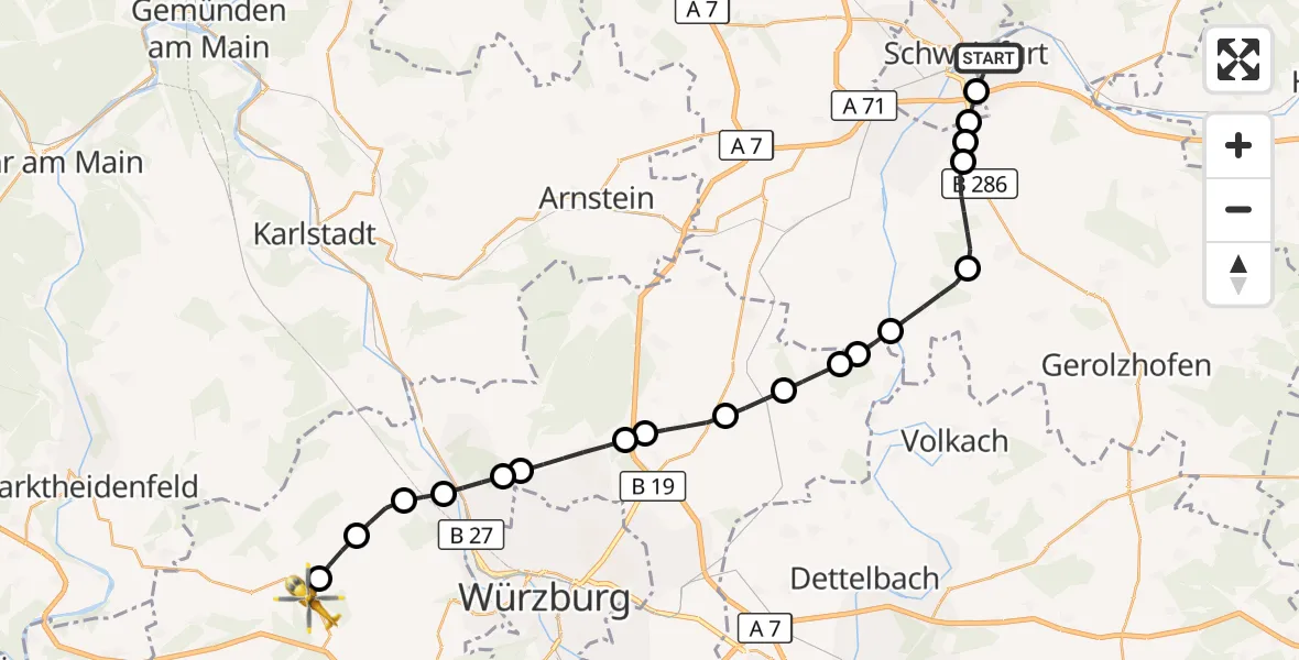 Flugroute Rettungshubschrauber Sennfeld - Waldbüttelbrunn, 18 Oktober 2026, 14:36