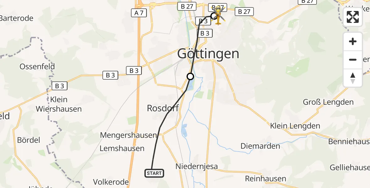 Flugroute Rettungshubschrauber Rosdorf - Göttingen University Clinic Hubschrauberlandeplatz, 18 Oktober 2026, 14:43
