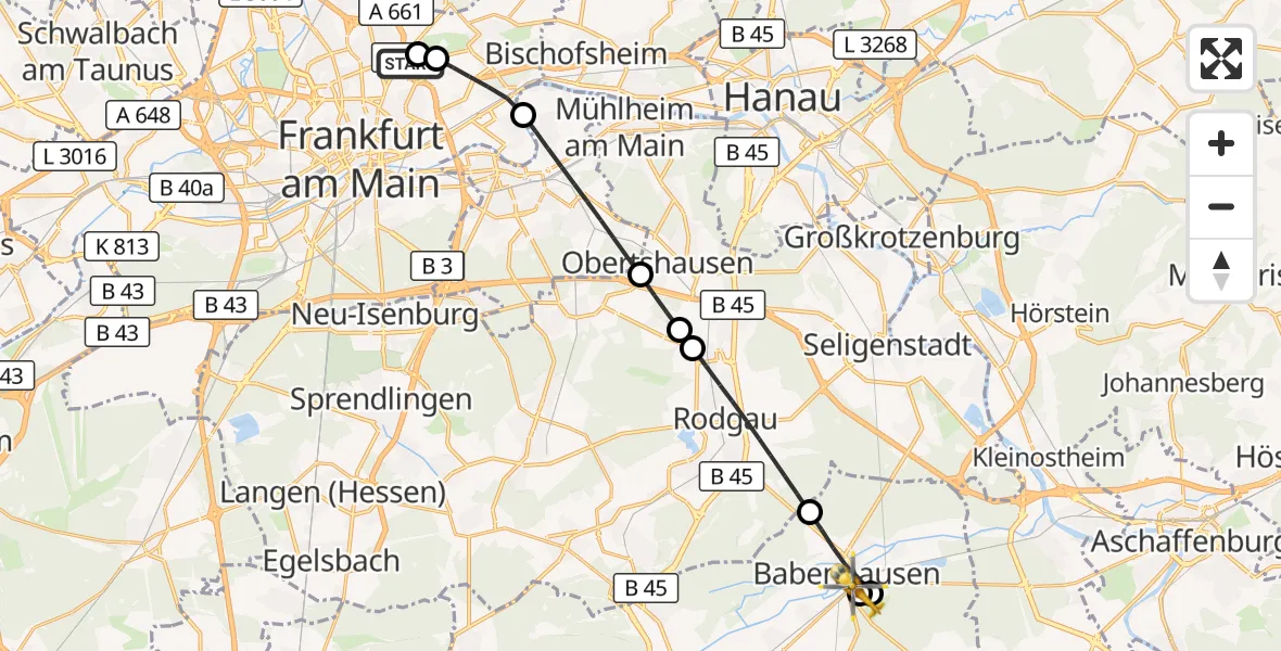 Flugroute Rettungshubschrauber Frankfurt am Main Accident Hospital Roof Helipad (CHX2) - Babenhausen, 18 Oktober 2026, 14:43