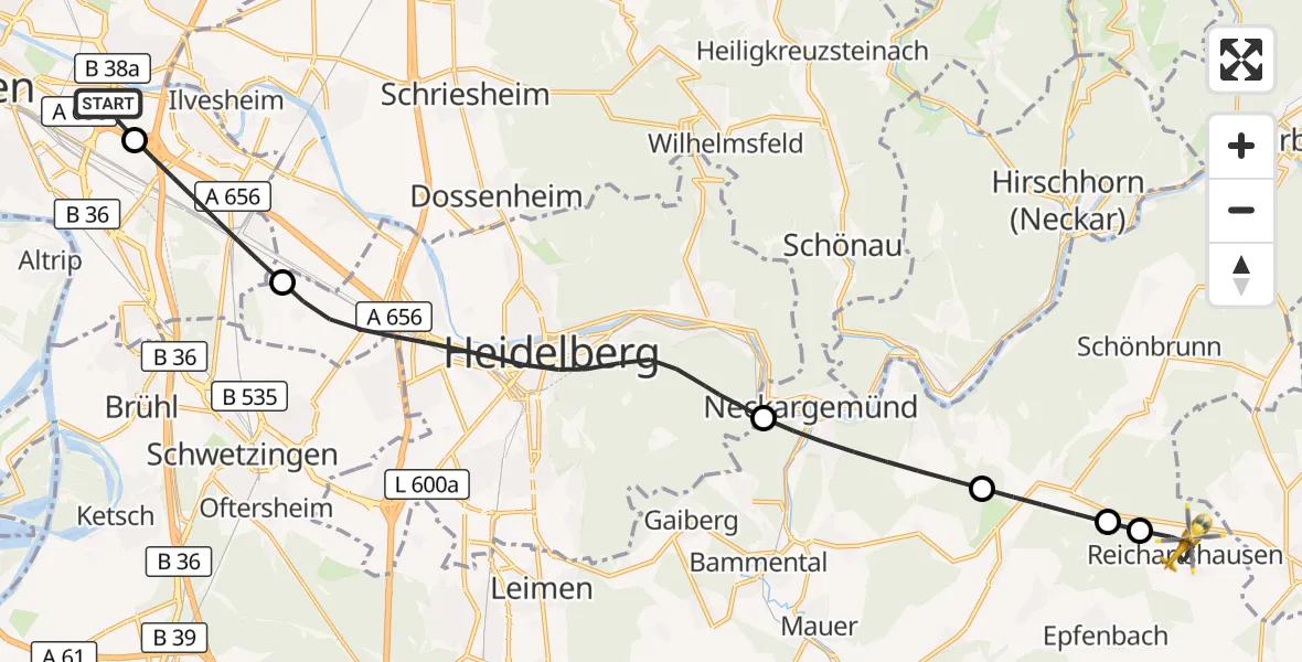 Flugroute Rettungshubschrauber Mannheim-City Flughafen - Reichartshausen, 18 Oktober 2026, 14:47