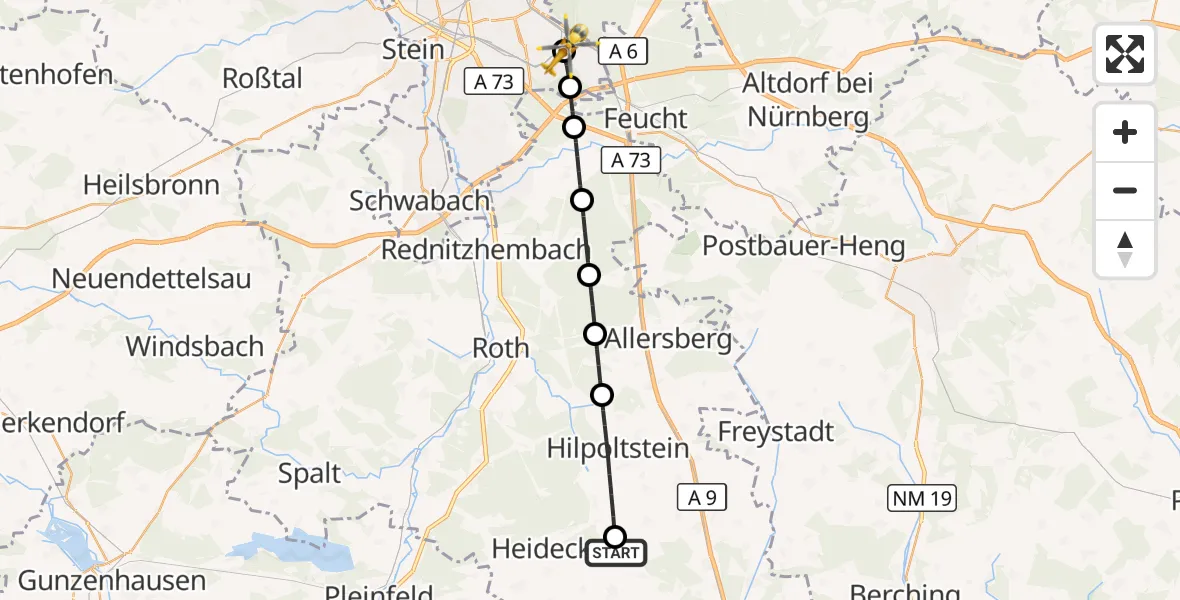 Flugroute Rettungshubschrauber Thalmässing - Nürnberg South Hospital, 18 Oktober 2026, 15:03
