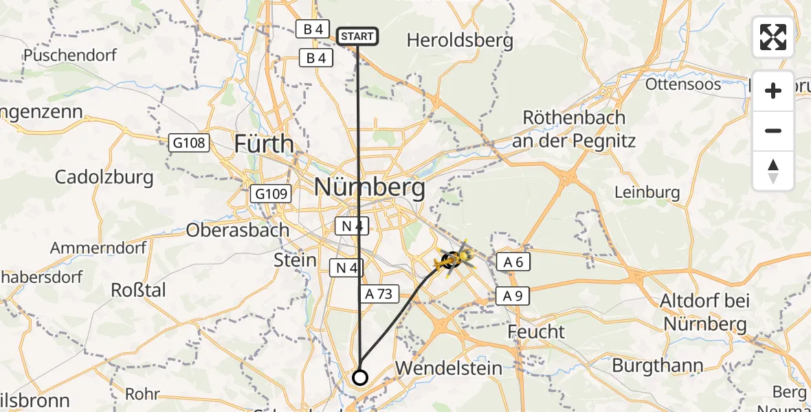 Flugroute Rettungshubschrauber Neunhofer Forst - Nürnberg South Hospital, 18 Oktober 2026, 15:06