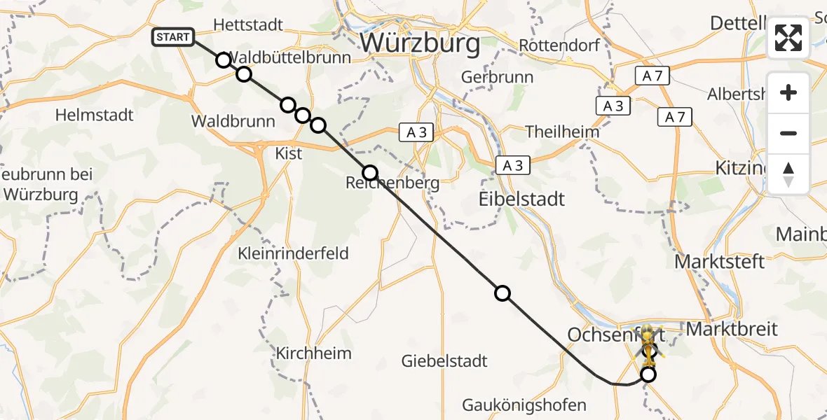 Flugroute Rettungshubschrauber Waldbüttelbrunn - Ochsenfurt Hospital, 18 Oktober 2026, 15:14