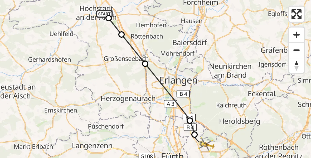 Flugroute Ambulanzhubschrauber Höchstadt a.d.Aisch - Flughafen Nuremberg, 18 Oktober 2026, 15:20