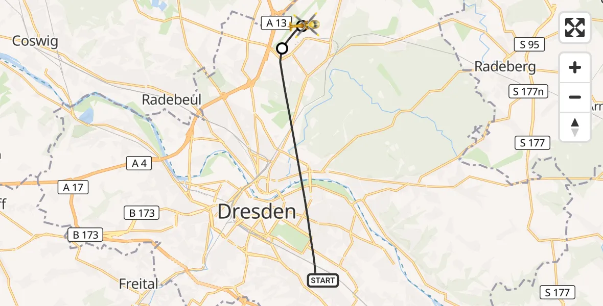 Flugroute Rettungshubschrauber Dresden - Dresden Bundespolizei Hubschrauberlandeplatz, 18 Oktober 2026, 15:23