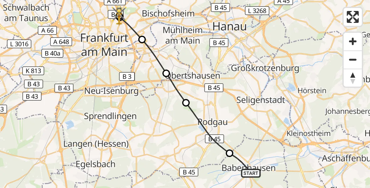 Flugroute Rettungshubschrauber Babenhausen - Frankfurt am Main Accident Hospital Roof Helipad (CHX2), 18 Oktober 2026, 15:23